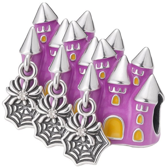 Dije halloween casa plata CharmHauntedHouse 3Pzas Plata S925 Chapa Charm Separador Casa embrujada con araña Morado/Amari