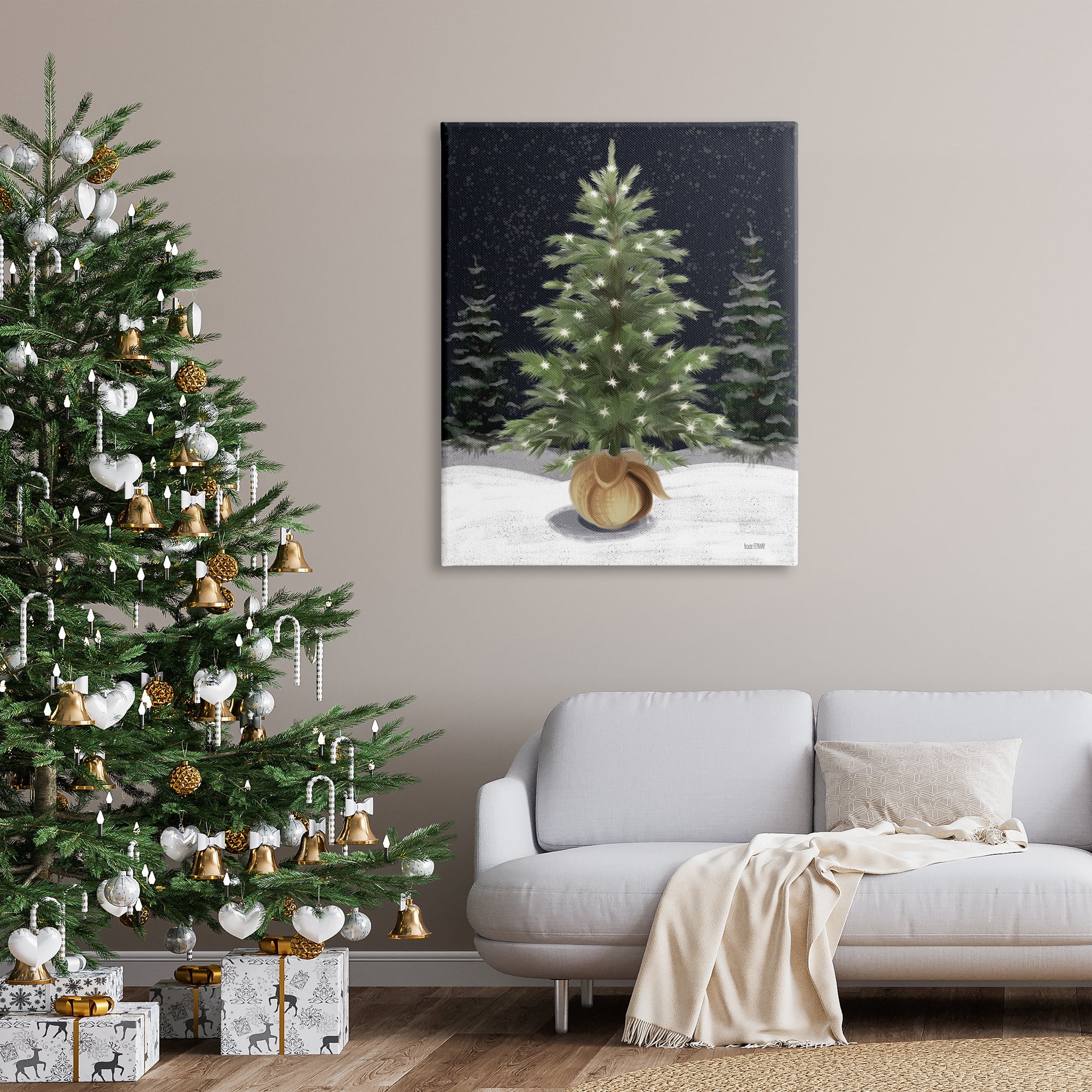 Stupell Industries Christmas Tree Snow Scene Holiday Painting Gallery Wrapped Canvas Art Print Wall Art, 36 x 48