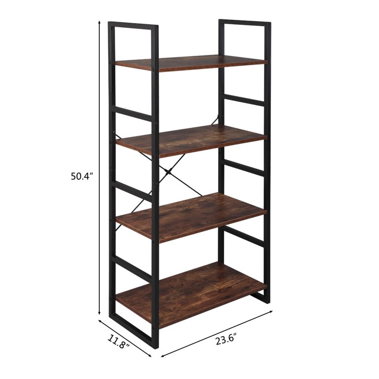 Wood Bookcase with Metal Frames, 4-Shelf Industrial Storage Shelf