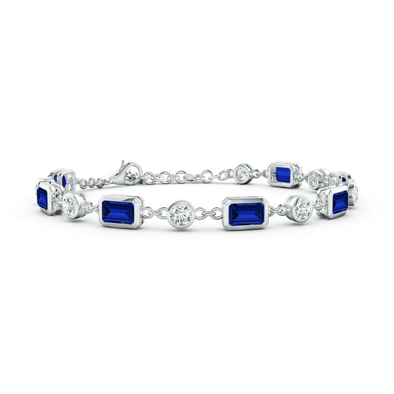 ANGARA Lab Grown Blue Sapphire and Diamond Station Bracelet for Women in 14K White Gold (Size-6x4mm) | September Birthstone, Anniversary, Jewelry Gift for Women | Lab-Grown Blue Sapphire Bracelet