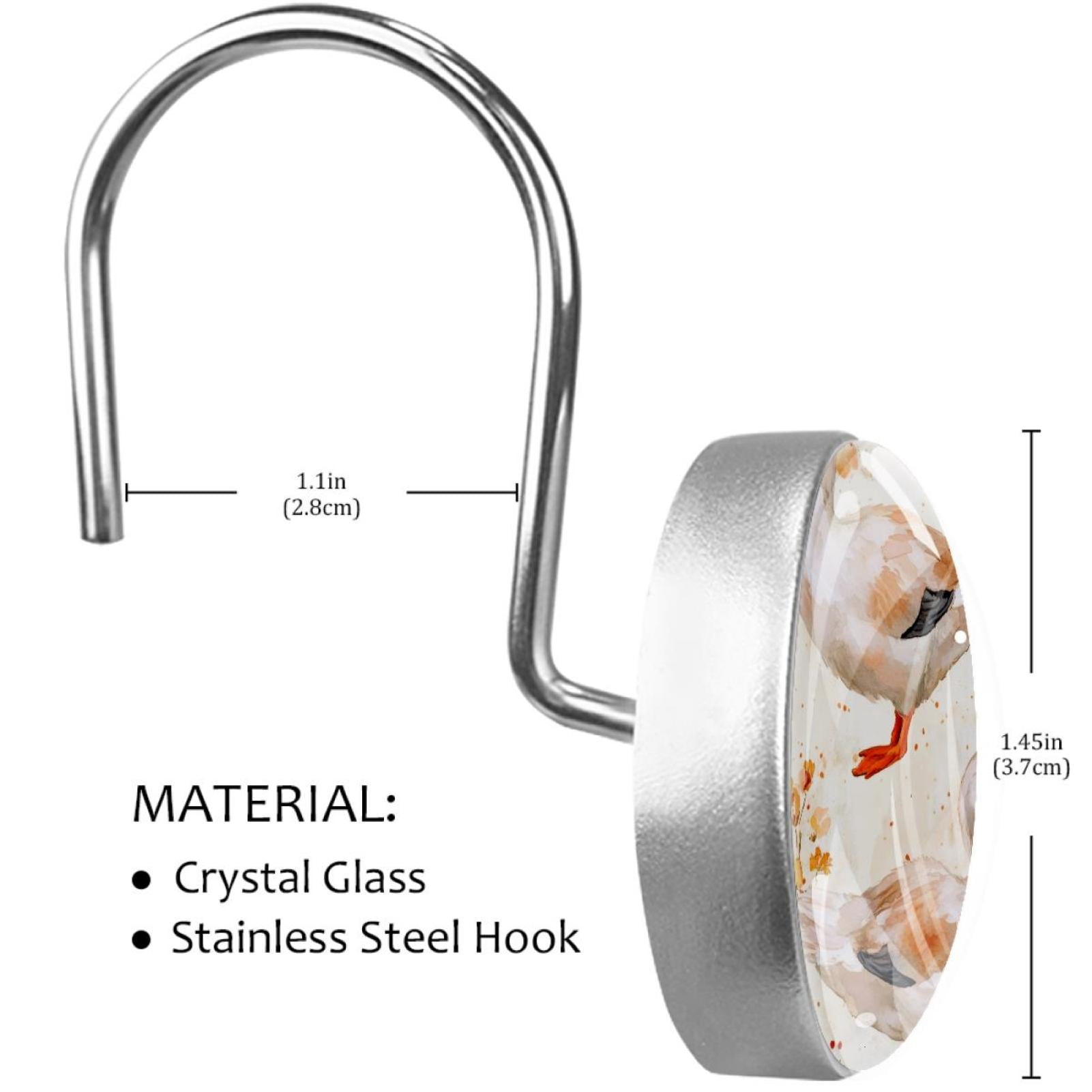 Watercolor Ducks Shower Curtain Hooks Round Crystal Glass, Set of 12 Shower Curtain Rings - Shower Hooks for Curtain Shower Rings
