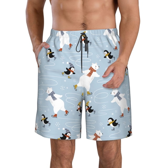 Balery Skiing penguin Bear Traje de Baño Estilo Hawaiano para Hombre, Shorts de Secado Rápido con Bolsillos-3X-Large