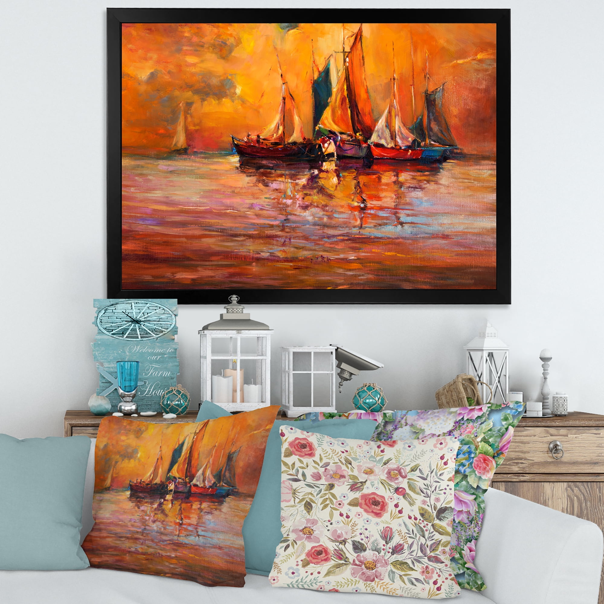 Boats During Evening Sunset In The Ocean I 20 in x 12 in Framed Painting Canvas Art Print, by Designart