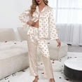 thumbnail image 2 of cfhntfmh Womens Satin Pajama Sets Button down Pj Set Cute Heart Print Long Sleeve Shirt with Long Pants Loungewear(Beige,Large), 2 of 4