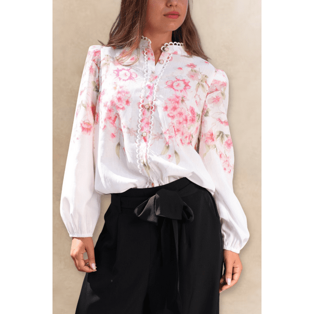 ELEVENMTL Women's Floral Lace Trim Long Sleeve Blouse