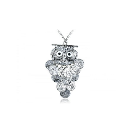 Eyed Owl Pendant - Dangle Coin Body Big Eyed Owl Bird Metallic Alloy Tone Costume Pendant Necklace