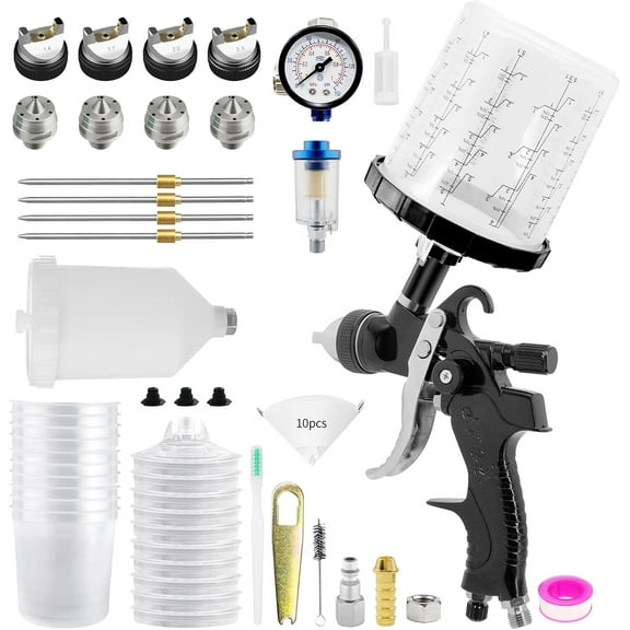 HVLP Spray Gun with 10Pcs 650ML Disposable Paint Cups, Automotive Paint Gun with 1.4/1.7/2.0/2.5mm Nozzles, Gravity Feed Air Paint Gun for Car,House Painting (Black)