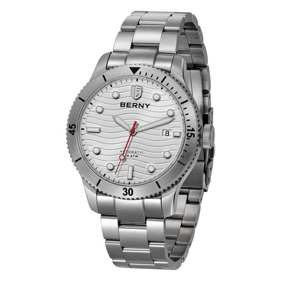 BERNY Dive Watches for Men, 20ATM Waterproof Stainless Steel Automatic Dive Watch, Super Luminous, Date Calendar, Sapphire Crystal, Men's Analog Mechanical Wristwatch (White)
