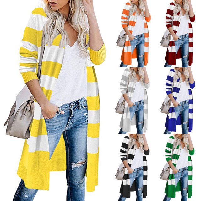 REDHOTYPE New Knitwear Contrast Stripe Long Cardigan Ladies Sweater Warm Jacket
