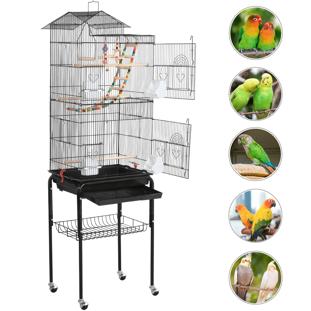 Yaheetech 62.4"H Rolling Metal Bird Cage with Play Top & Detachable Stand & Toys, Black