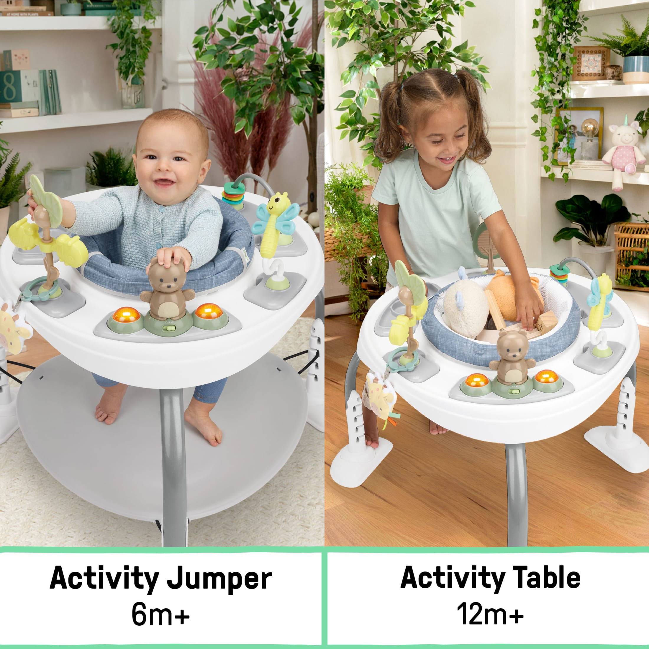 Ingenuity Bounce to Bloom 2-in-1 Activity Jumper & Table, Chambray, Ages 6–24 Months