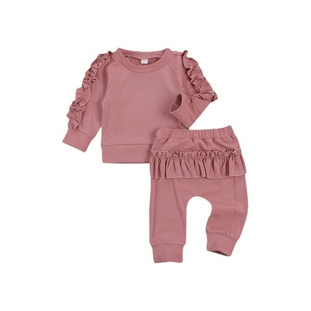 

ZIYIXIN Toddler Infant Baby Girl Ruffle Long Sleeve Pullover Sweatshirt Hoodie Top Pants Set Fall Winter Outfits Dark Pink 12-18 Months