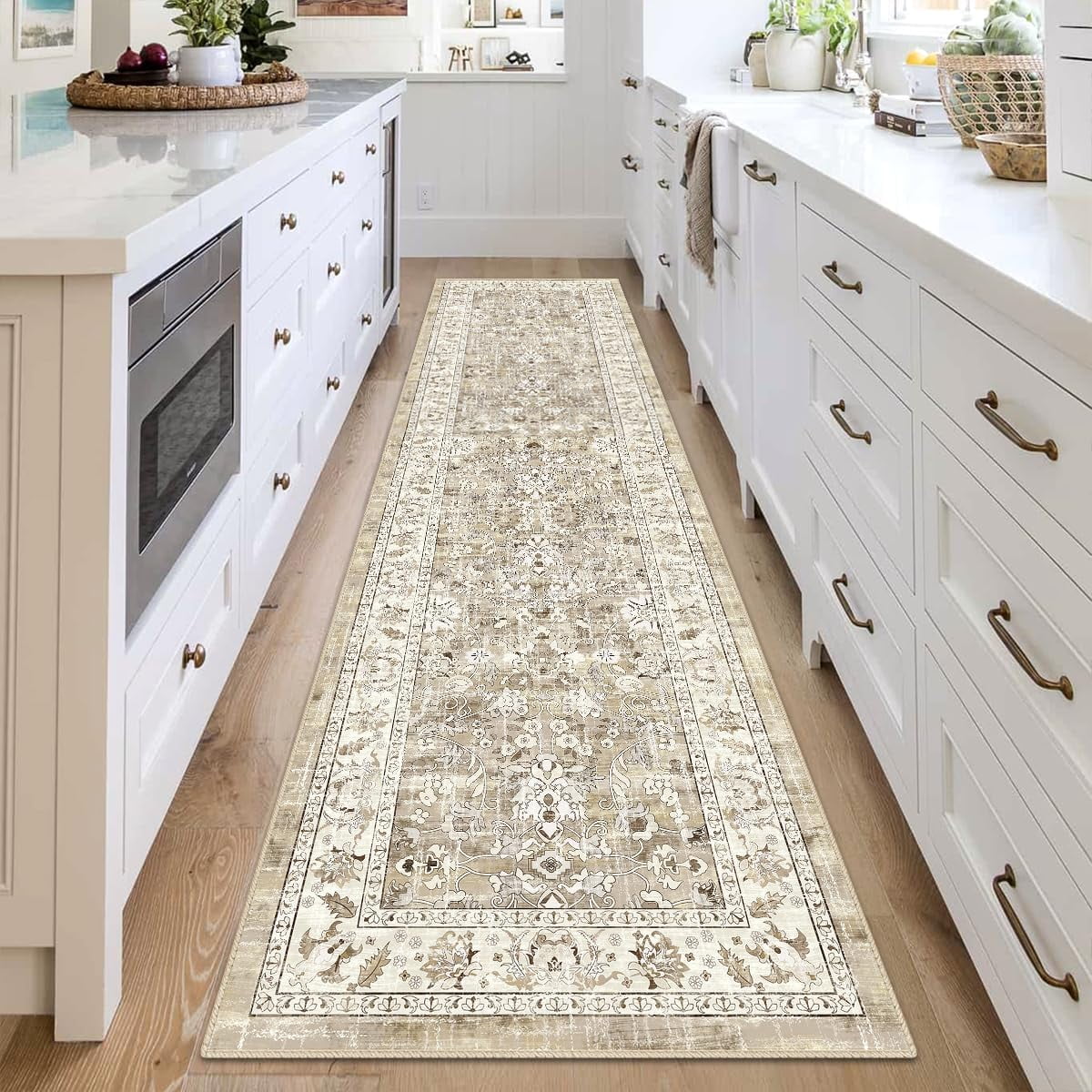 MJIAexp 2'x8' Boho Floral Kitchen Runner Rug Machine Washable Runner Rug Non-Slip Rubberback Hallway Runner Laundry Rug Throw Carpet for Living Room Bedroom Dining Room Entryway Kitchen Beige