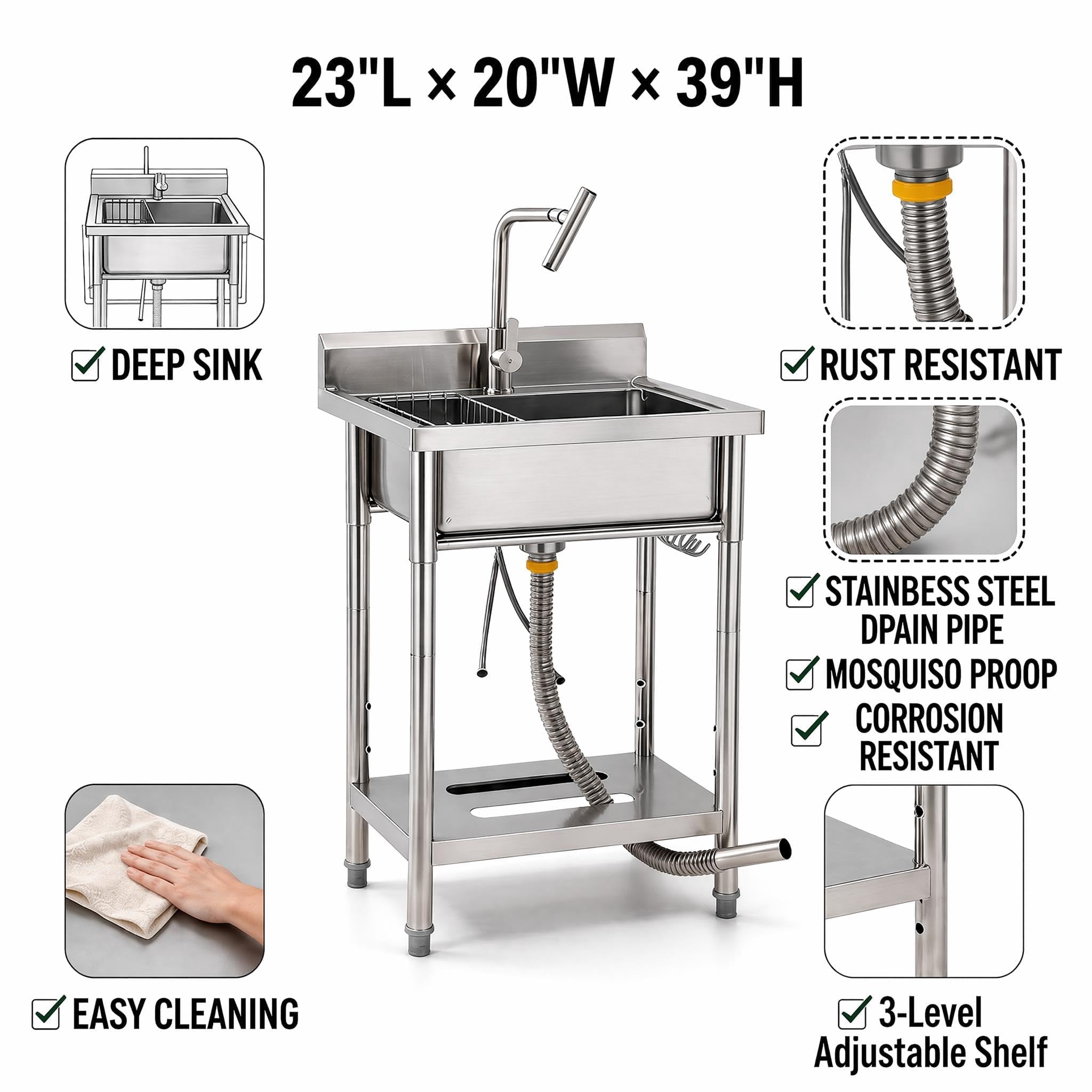 Kicctian Stainless Steel Utility Sink, 24'' × 21'' × 36'' Freestanding Stainless Steel Single Bowl Laundry Sink with T Shape Faucet for Kitchen, Bathroom, Garage or Basement