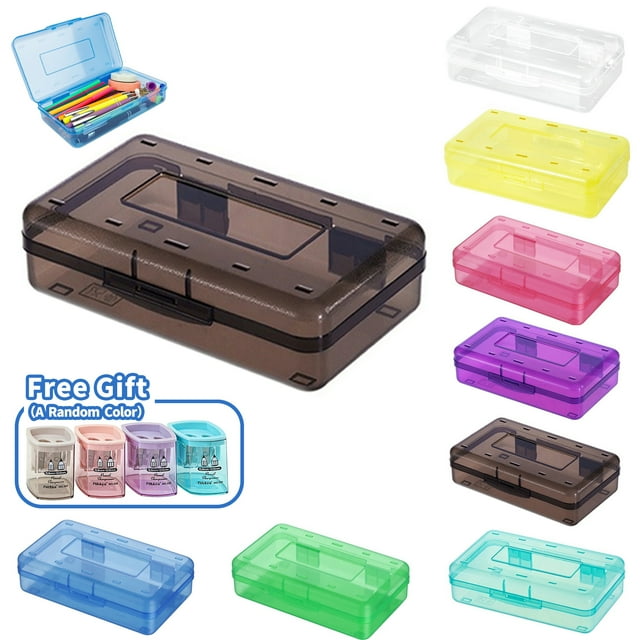 Large Hard Pencil Box Bulk Clear Crayon Box Marker Pen Organizer Plastic Storage Container with Snap Lid Stackable Art Craft Organizer Back to School Supplies,With Free Random Pencil sharpeners,Black