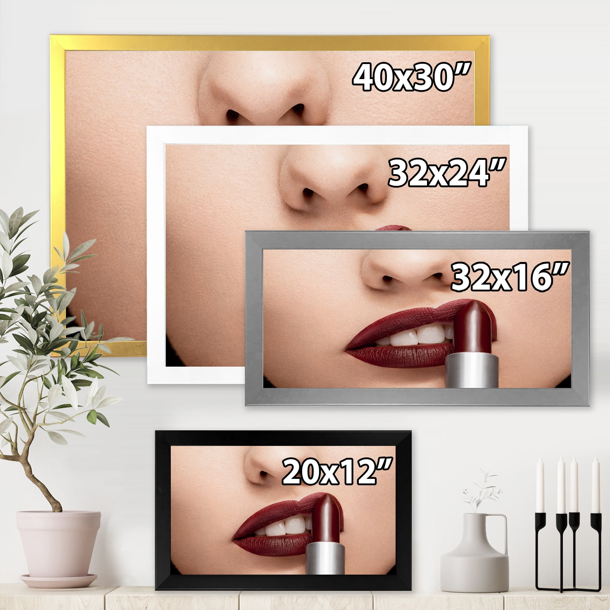 Designart 'Woman Applying Red Lipstick On Lips II' Modern Framed Art Print