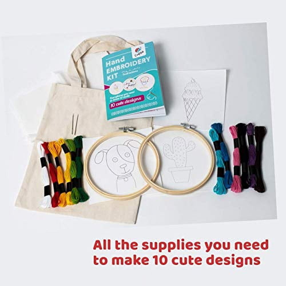 CraftLab Kids Embroidery Kit for Beginners, Kids Craft Starter Kit Gift for Ages 7 to 13, Includes 10 Projects, Embroidery Hoops, Fabric, Patterns,