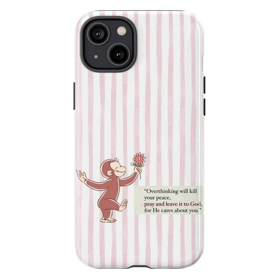 Inspirational Pink Striped Phone Case with Curious Monkey and Quote Overthinking Will Kill Your Peace - Protective iPhone Cover for Models 17 16 15 14 13 12 11 Pro Plus Mini