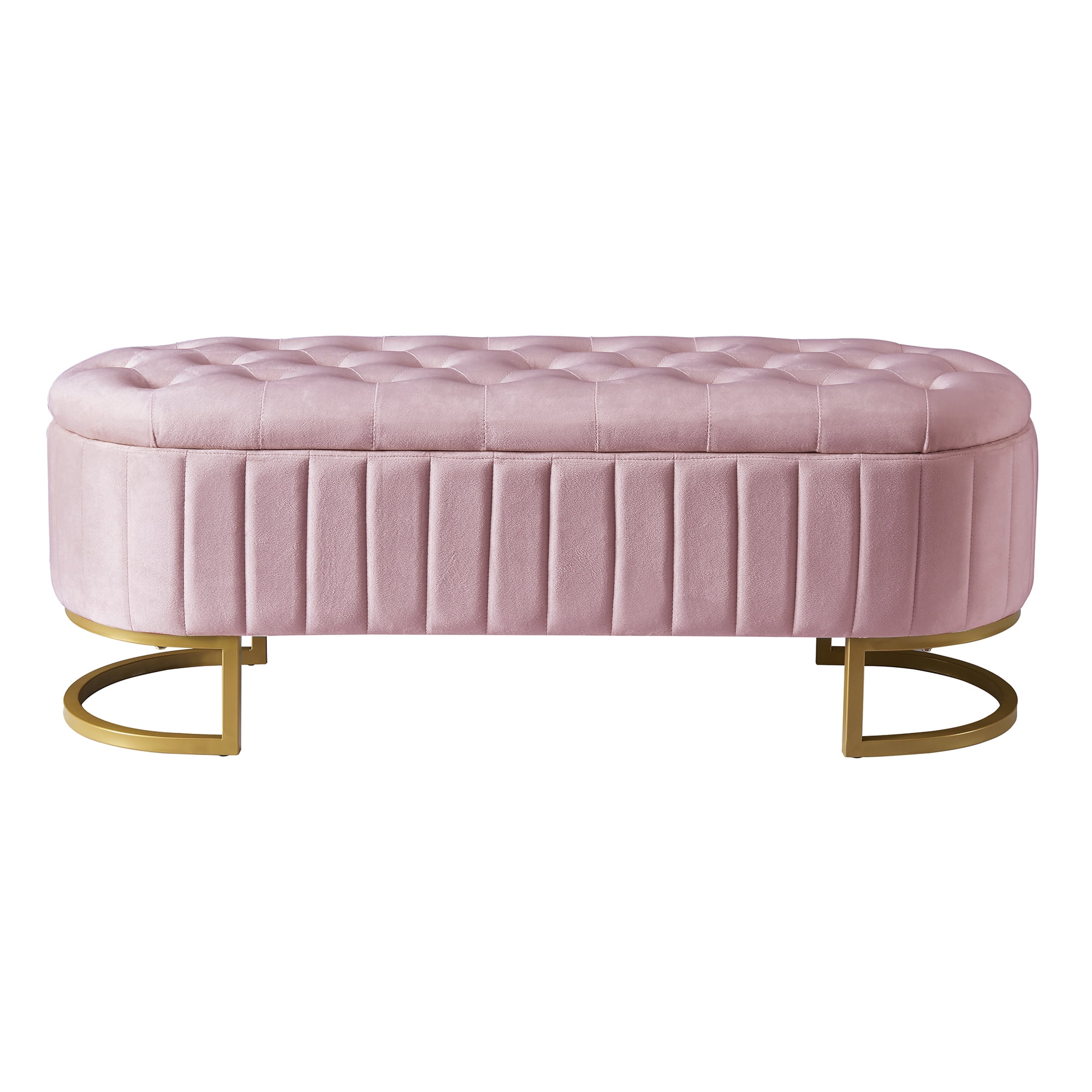 Euroco Upholstered Velvet Storage Ottoman Bench,End of Bed Bench with Metal Legs,Storage Chest for Bedroom,Living Room,Entryway,Pink