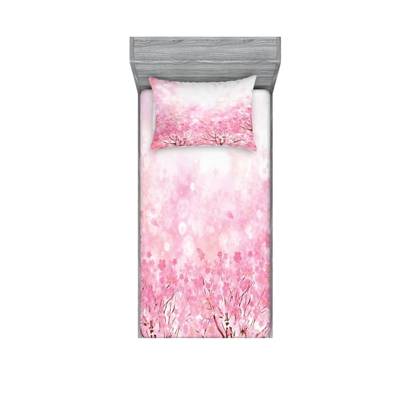 Ambesonne Pale Pink Fitted Sheet & Pillow Sham Set, Romatic Sakura Tree, Twin, Pale Pink