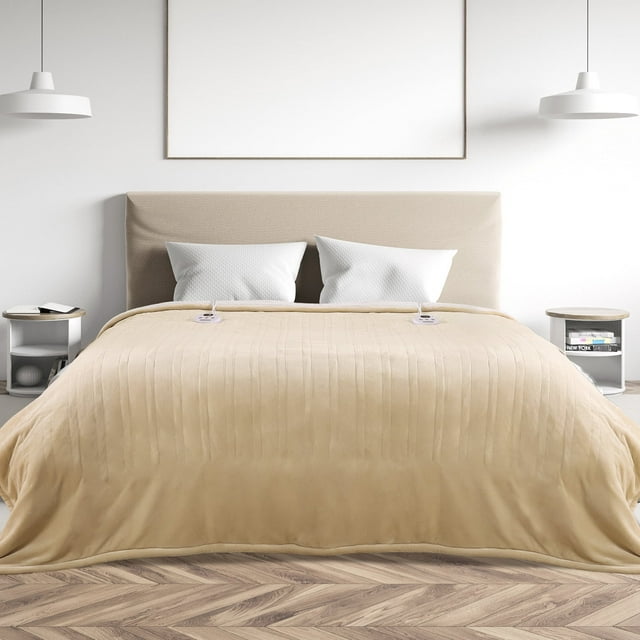 MARNUR Electric Heated Blanket Queen Size 84''x90'', Fast Heating with Dual Controllers, 10 Heating Levels, 10H Timer, Preheat Function - Beige