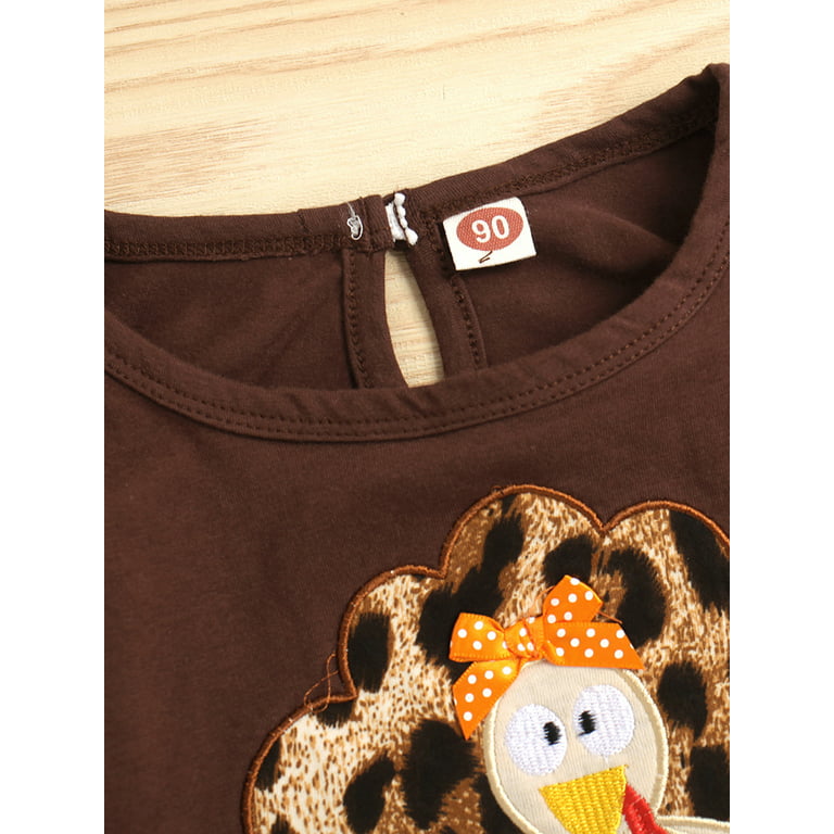 Toddler Baby Girls Thanksgiving Outfit Turkey Embroidery Long Sleeve  Tops+Leopard Print Flared Pants Set 