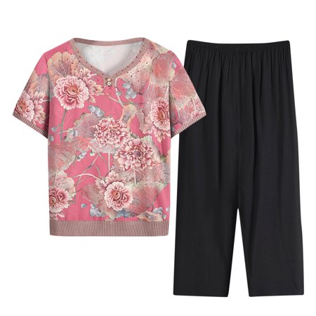 

Homenesgenics Womens Suit Plus Size Pajamas for Women Women Summer Cropped Pants Button Cardigan Printing Casual Two Piece Suit