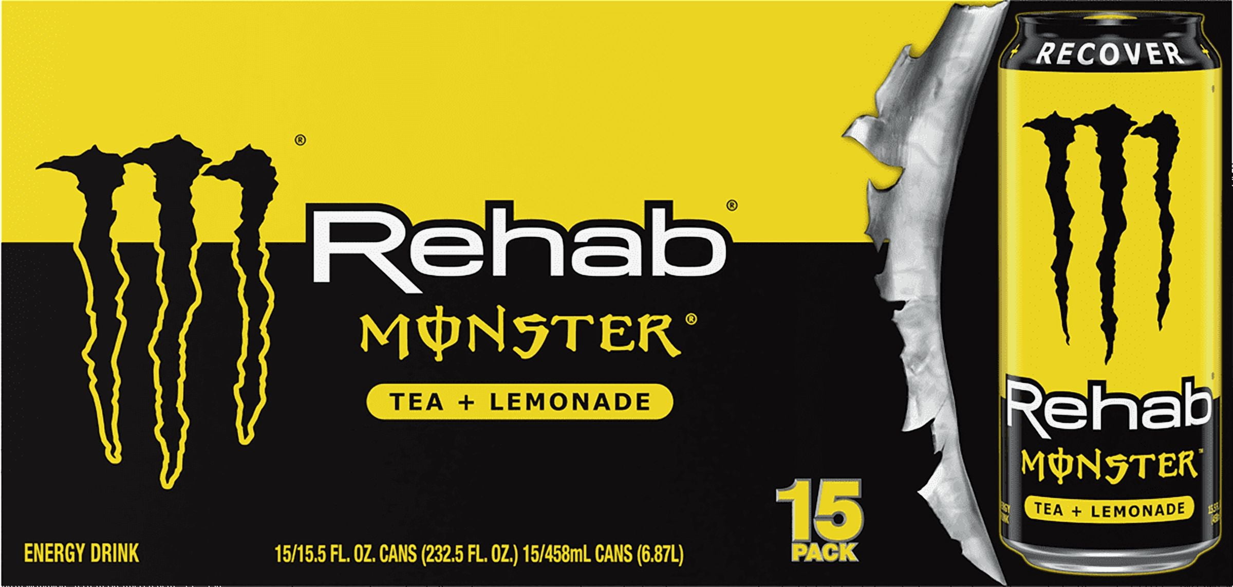 Monster Rehab Tea + Lemonade Energy Drink, Zero Sugar, 15-Pack, 16 Oz Cans