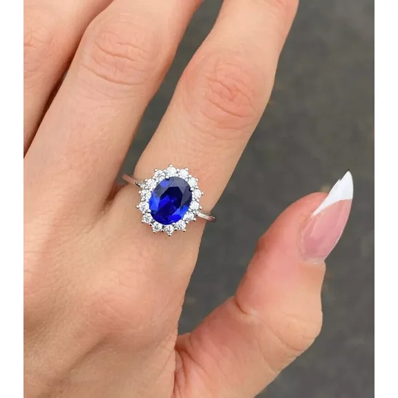2Ct Oval Cut Lab Created Blue Sapphire Women's Halo Ring 14k White Gold Plated