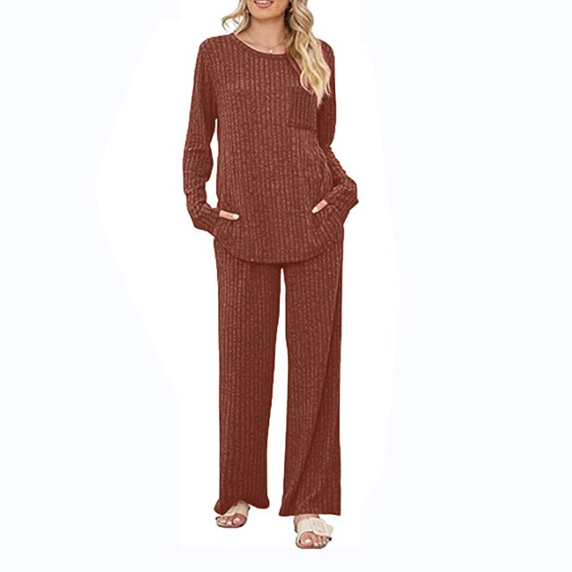 sageysalite Ensemble de Pyjama 2 Pcs pour Femmes, Tricoté Côtelé, Manches Longues, Col Rond, Léger, Tenue Décontractée d'Automne