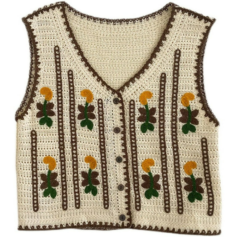 SUNRI Boho Women Crochet Knit Vest Waistcoat Vintage Colorful
