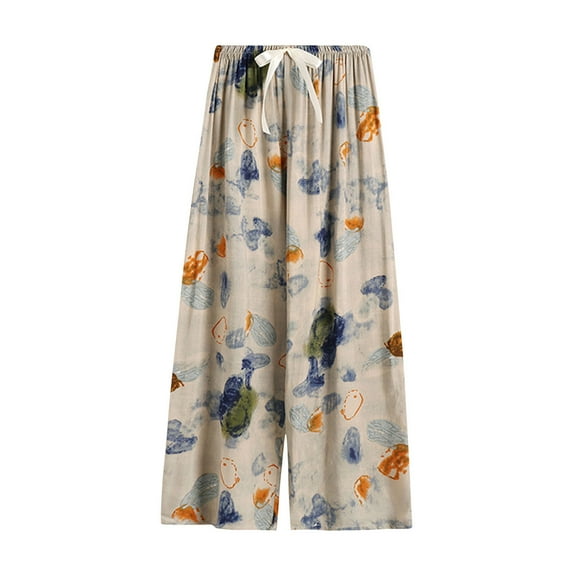 Socisucc Women's Printed Pajama Pants Thin Wide-leg Pants With Drawstring Loose And Can Be Worn Outside Nine-point Trousers