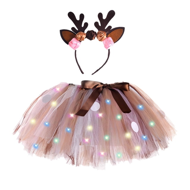 WEAIXIMIUNG Robe de Demoiselle d'Honneur Enfants Filles Carnaval Danse Fête Éclairage Led Jupe Dessin Animé Ensemble Bandeau 8-9 Ans