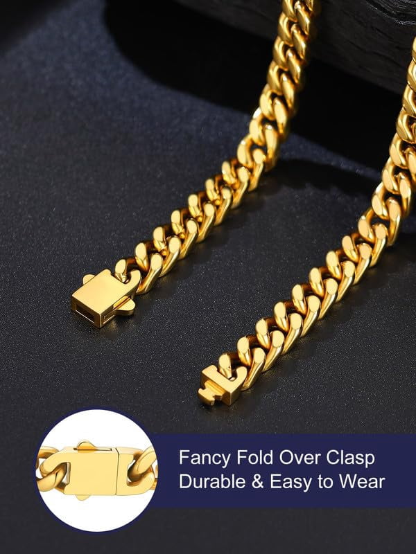 Bandmax 7MM Men's Chunky Cuban Chain Necklace for Men Women Stainless Steel 14K Gold Plated Hip Hop Miami Chain Birthday Valentines Father Day Gift for Dad Son Husband