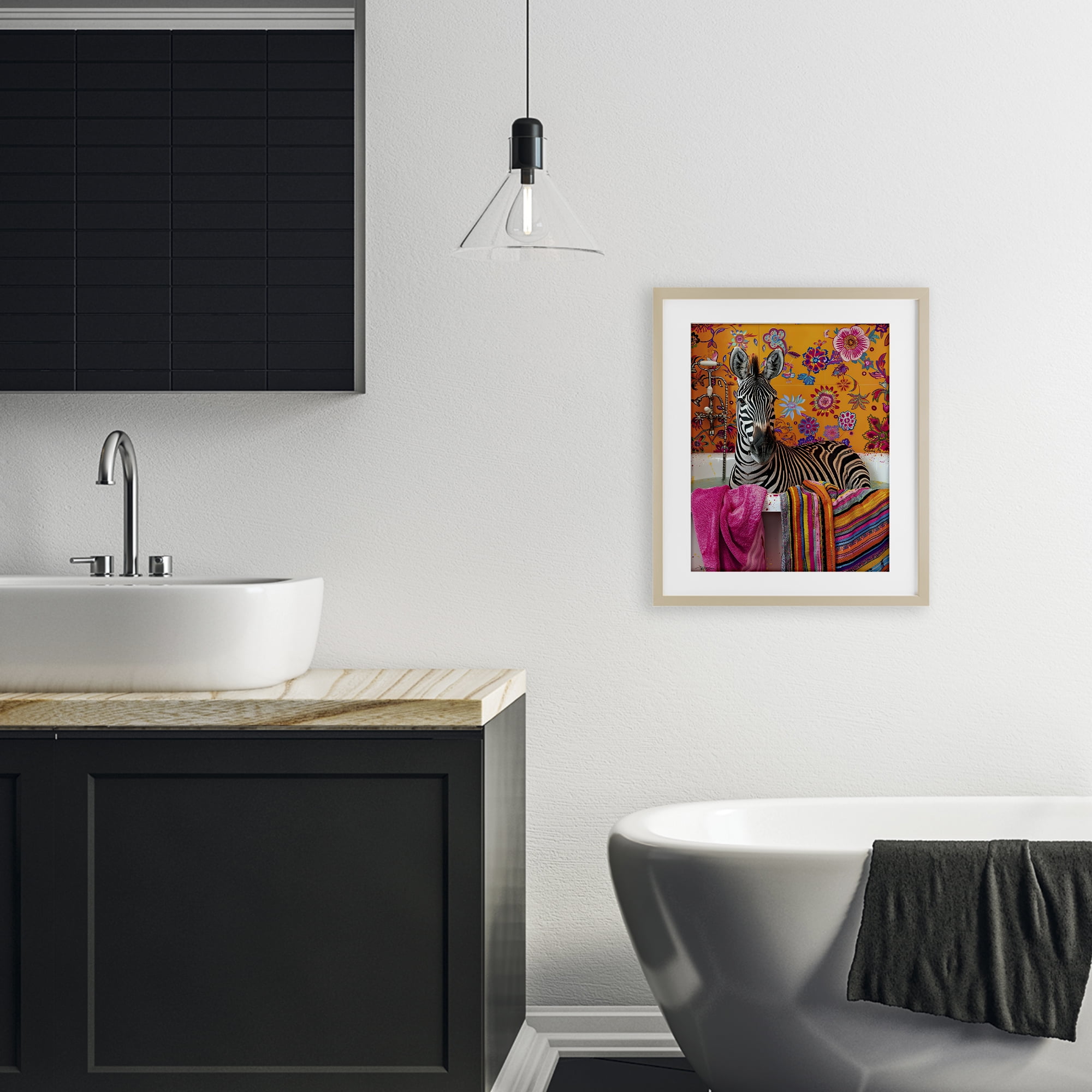 Zebra Bath with Colorful Towel Birch Framed Print Under Glass, design by Momart