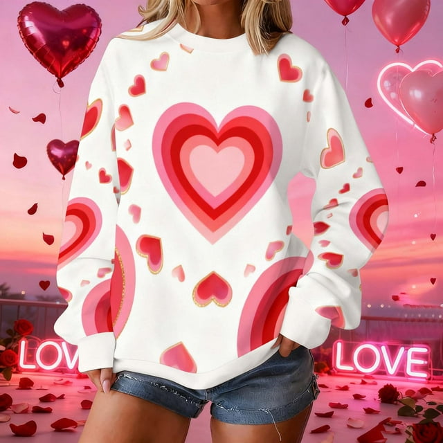 Uootdi Valentine's Day Sweatshirt for Women Crew Neck Love Heart Printed Graphic Sweatshirts Casual Holiday Long Sleeve Graphic Tee Tops Gift