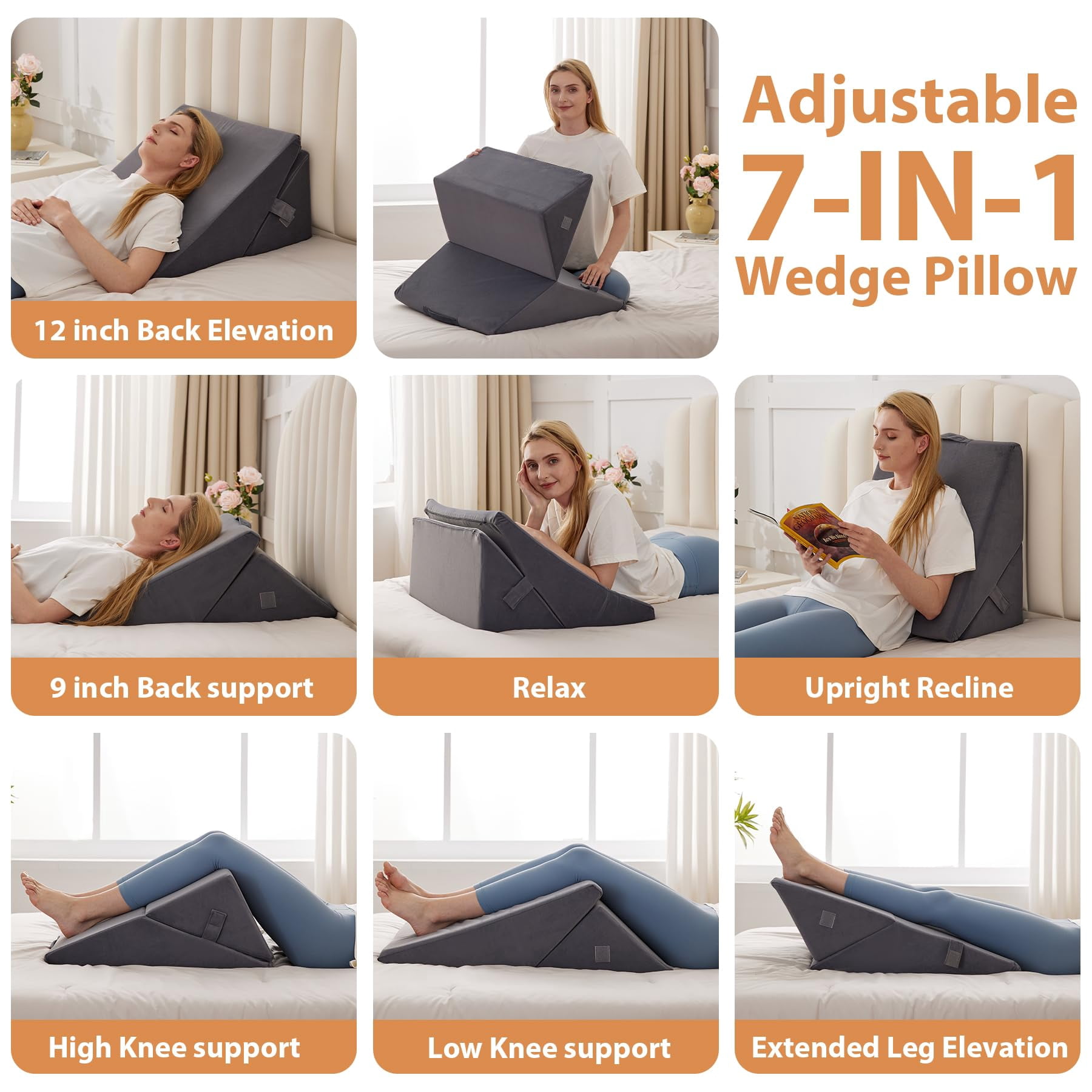 Wedge Pillow  Adjustable For Sleeping 9&12" Bed Set After Triangle Memory Foam Wedges Headboard Acid Reflux Grey