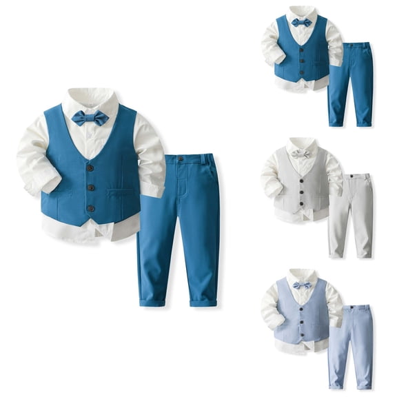 Boys 3Pcs Formal Suit Set: Long Sleeve Cotton Shirt, Vest & Pants with Bow Tie for Wedding Party Occasions