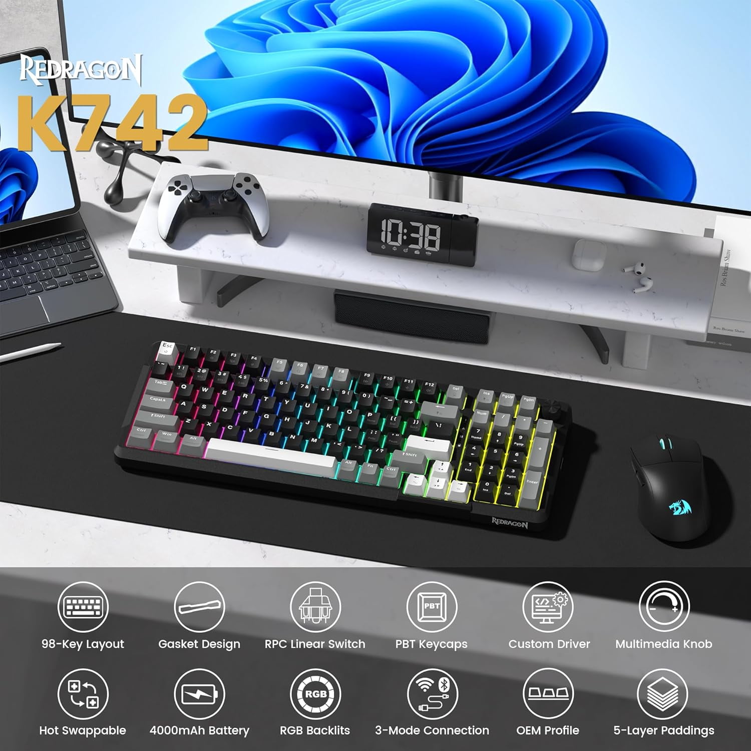COSTOM Wireless Mechanical Keyboard, 3 Mode Gasket Mounted RGB Gaming Keyboard with Volume Knob, Pre-Lubed Linear Switches, MDA-Profile, 98 Keys Hot Swappable Creamy Keyboard for PC/Tablet/Xbox/PS4