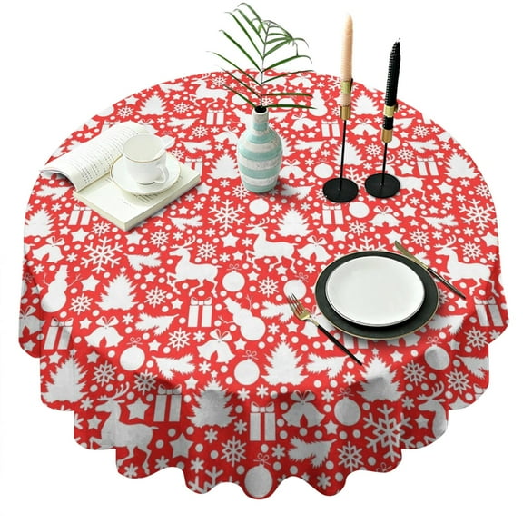 Red Christmas Deer and Gift Pattern Round Tablecloth 60"x60",Wrinkle Wipeable Table Cloth for Kitchen Dining Room Picnic Patio Party