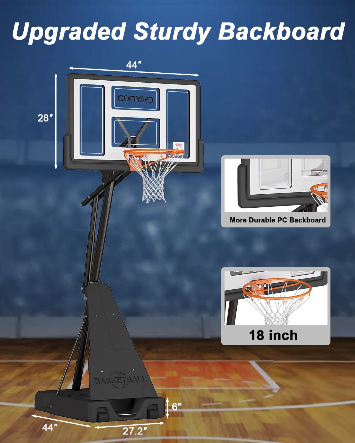 Cofiyard Portable Basketball Hoop, 44" Shatter-Proof Polycarbonate Backboard, 5.25-10FT Height Adjustable with Portable Wheels for Youth and Adults