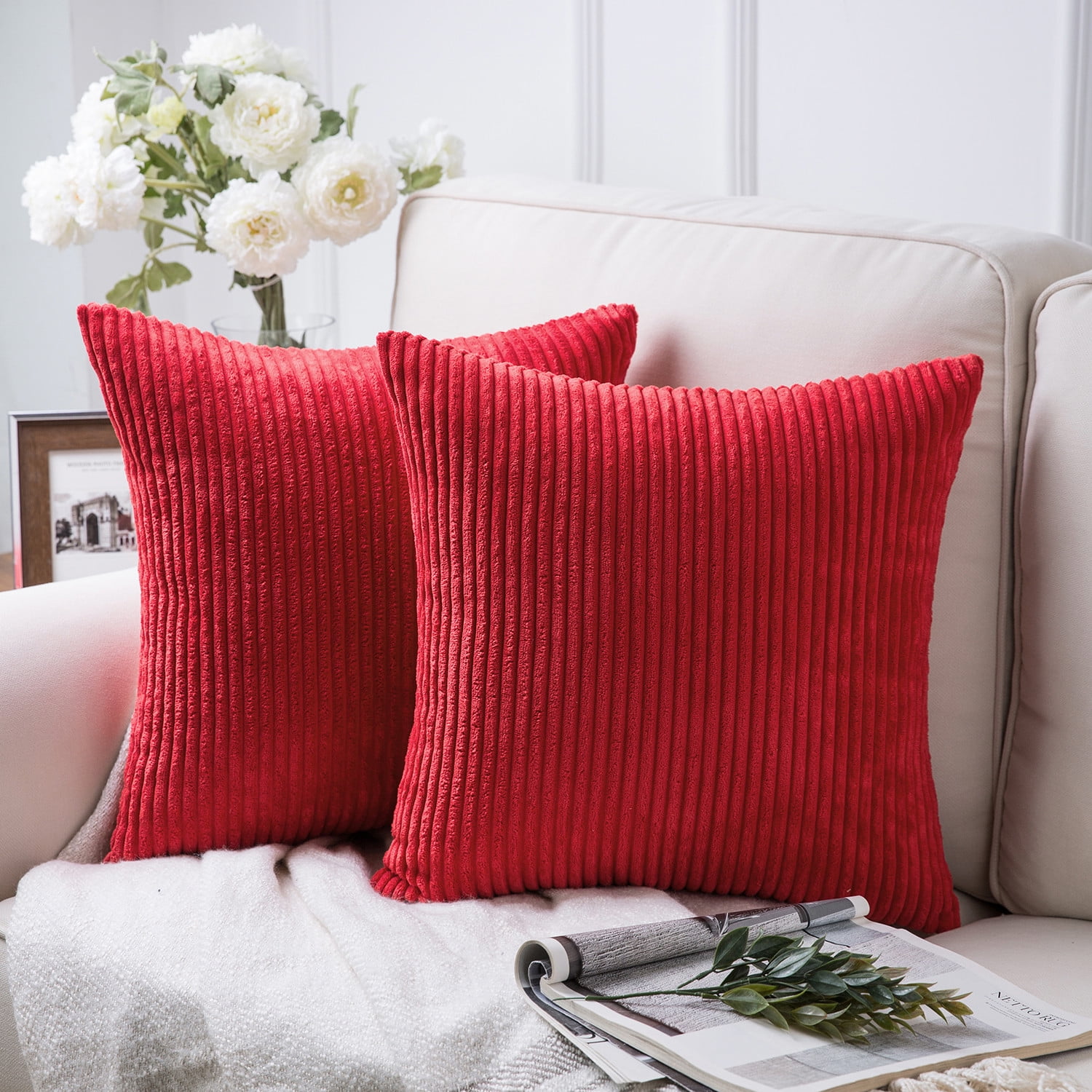 Soft Corduroy Striped Velvet Square Decorative Throw Pillow Cusion For Couch, 20" x 20", Red, 2