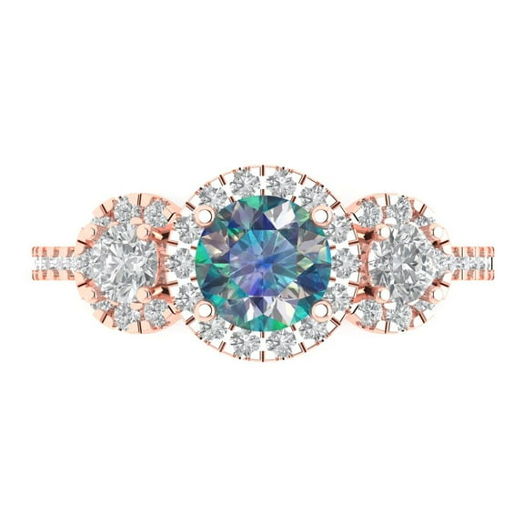 Clara Pucci 14K Rose Gold 1.46ct BlueMoissanite Three-Stone Ring for Women