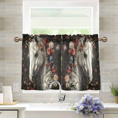 Wobogo Rose Of Horse Kitchen Curtains 2 Piece Set Farmhouse Country Style Light Filtering Small Window Drapes Suitable for Bathroom Laundry Room and RV 27x24in