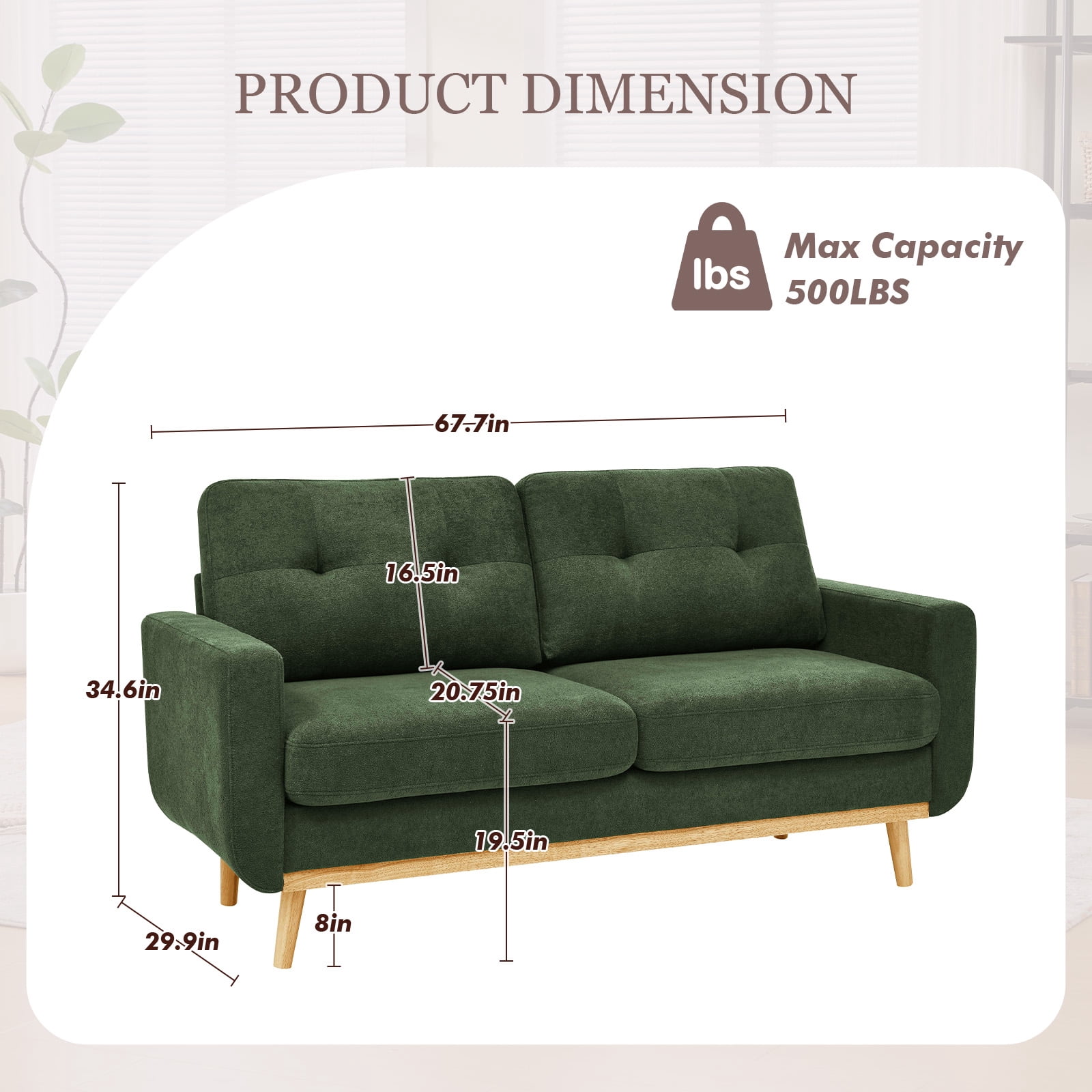 MOONMISS 67" Velvet Loveseat Couch, Modern Small Sofa With Walnut Wood Legs 2-seater Fabric Upholstered Mini Sofa Couches For Small Space,living Room Bedroom Office Dorm Apartment,Green