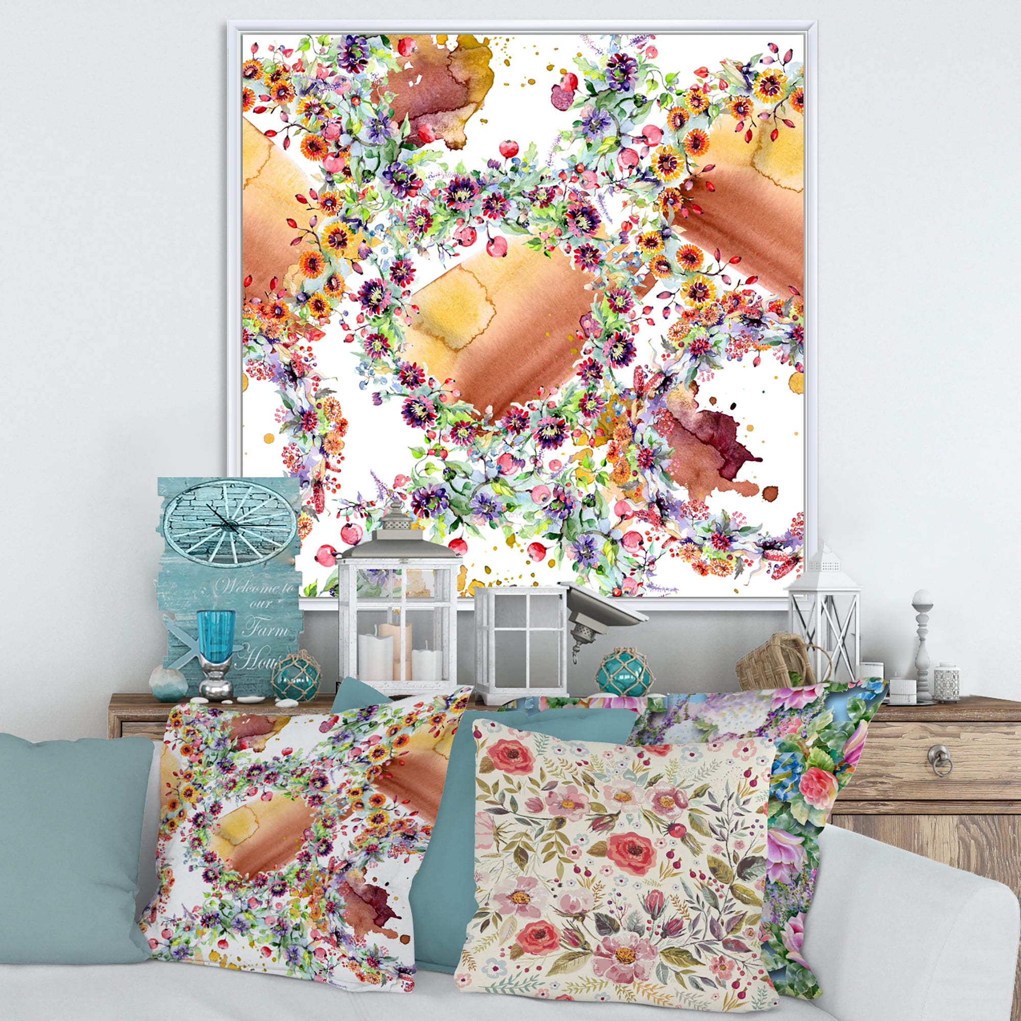 Designart 'Vibrant Wild Spring Leaves, Berries and Wildflowers' Modern Framed Canvas Wall Art Print