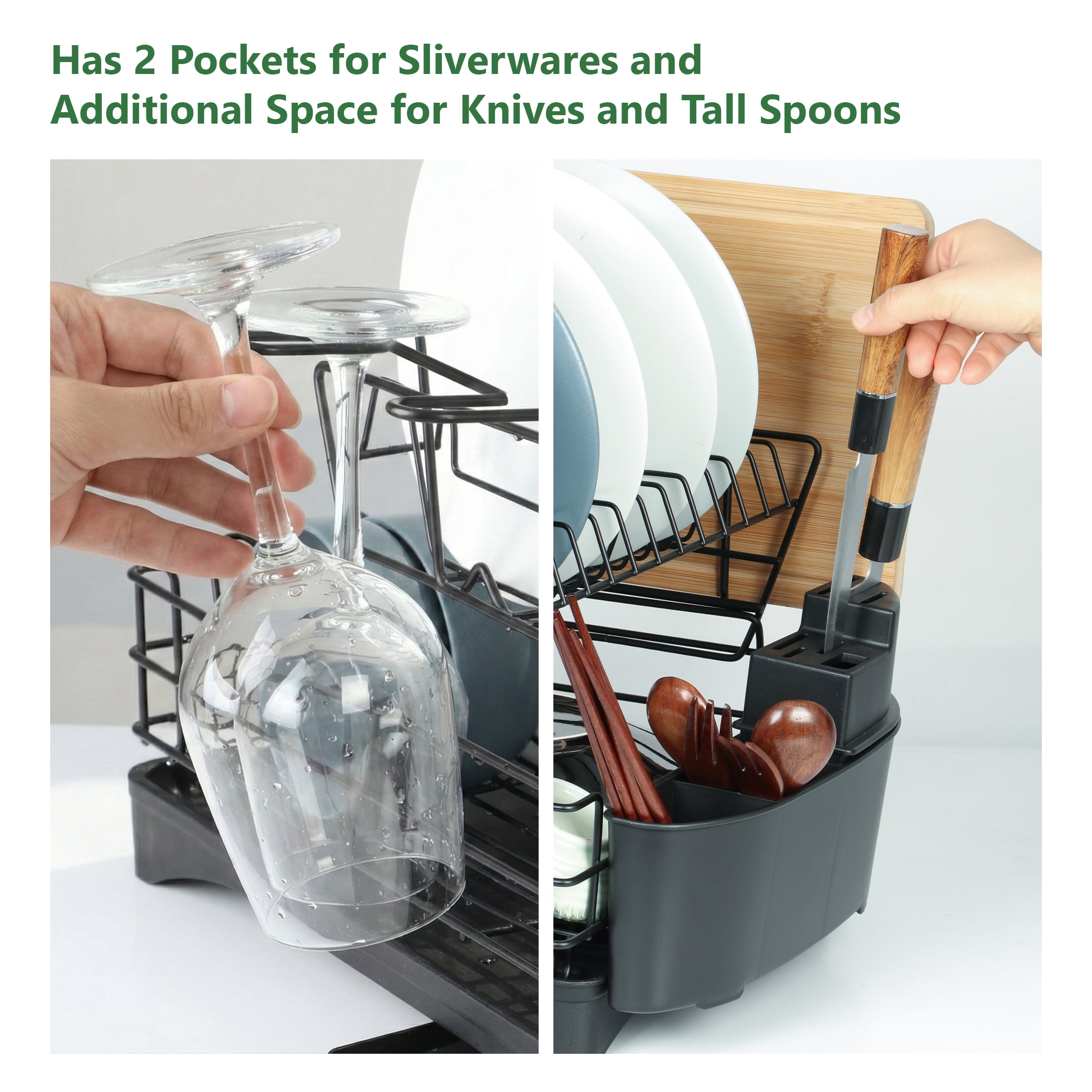 Luckytree 2-Tier Dish Drying Rack, Space-Saving Dish Drainer for Dishes, Knives, Cups, Cutting Boards, 12.2"W x 16.54"L, Black