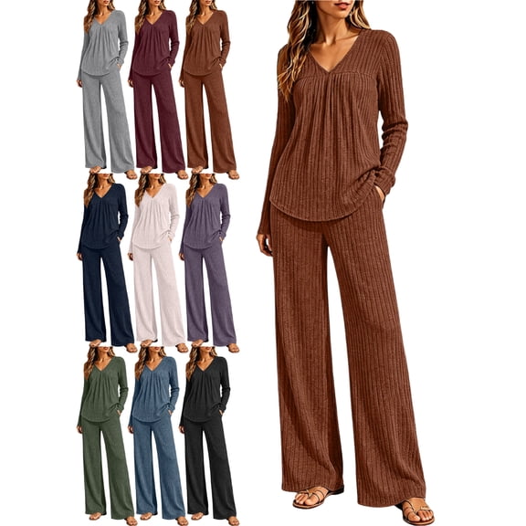 Sleepwear Sets for Women Casual Matching 2 Piece Outfit for Women V-Neck Long Sleeve Pullover Ribbed Knit Loose Fit Set