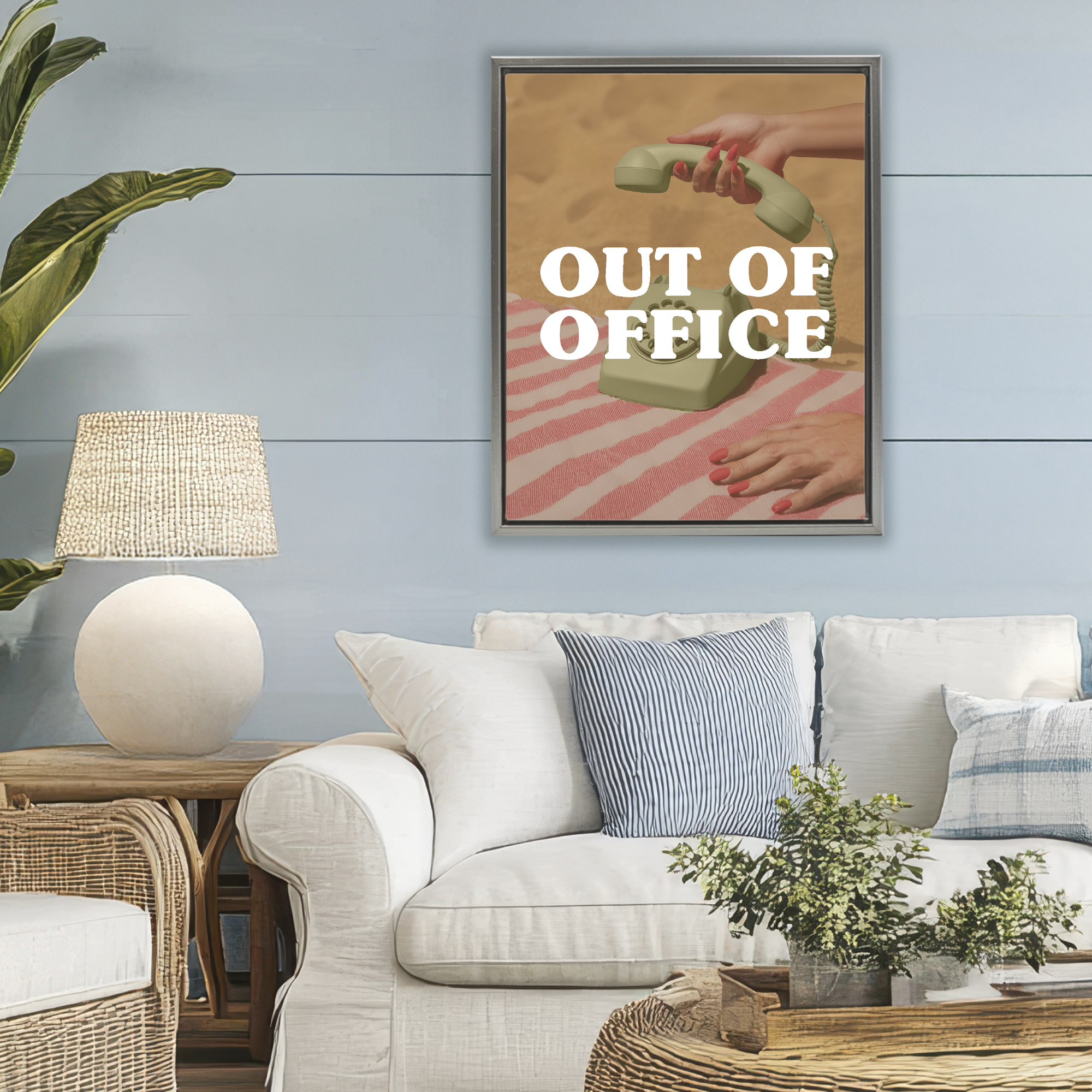 Out of Office Green Phone Gray Framed Floater Canvas Wall Art, design by Lil' Rue