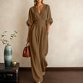 thumbnail image 2 of HAIJIE Women’s Wrap V-Neck Jumpsuit, Cuffed 3/4 Sleeves, Waist Cinched, Wide Leg, Assorted Solid Colors (Brown,L), 2 of 7